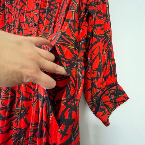 La Petite Francaise shirt dress maxi length, red base bamboo print gold detail - Picture 7 of 9